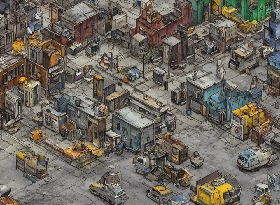 Image similar to Screenshot of a Polish city street in Fallout 2 (1998), isometric perspective, postapocalyptic, bird's eye view, prerendered isometric graphics, high quality