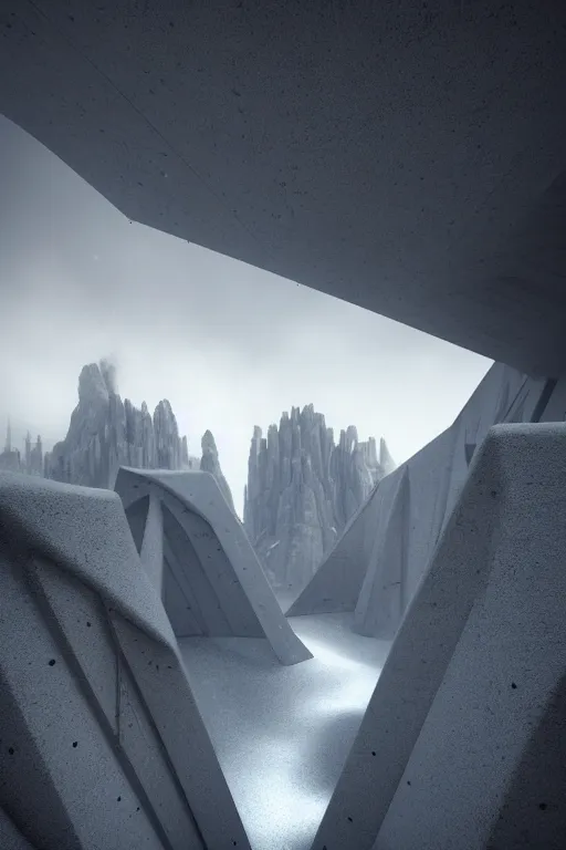 Image similar to sci - fi concrete brutalist architecture in the italian dolomites, snowfall, rutkowski, zaha hadid, beksinski, oil painting, photoreal, highly detailed, 8 k, hd, vray, artstation, cinematic matte painting, extreme detail photo quality, dark moody colors, featured on behance