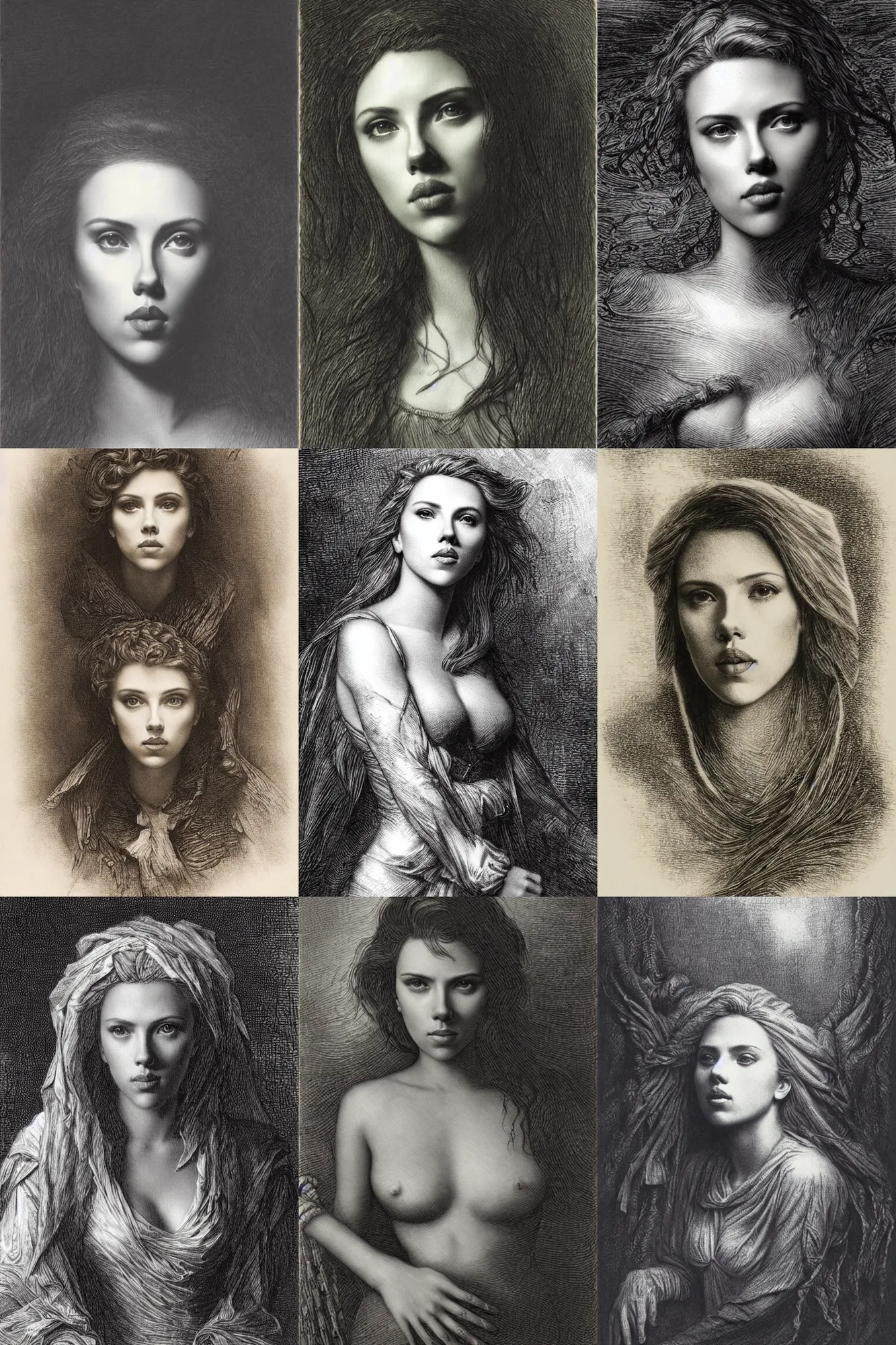 Prompt: scarlett johansson carved ink by gustave dore, her face is engraved too