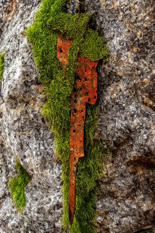 Image similar to a portrait of a rusty sword protruding from a rock, rust and corrosion, moss and vegetation, ancient forest, excalibur, close - up, intricate details, intricately detailed textures, warm lighting, vivid colors, smoke and mist, hyper realistic octane render, volumetric shading, depth of field, raytracing, 8 k,