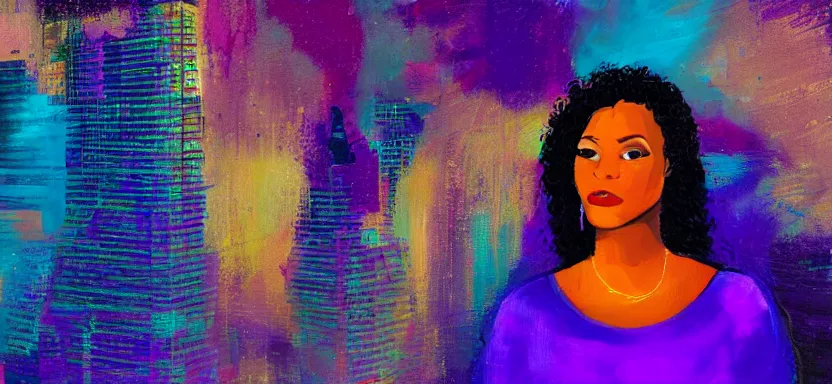 Prompt: portrait of a beautiful black woman, cyberpunk rio de janeiro background, brushstrokes, purple and blue, painterly, at night, corcovado dois irmaos at the background