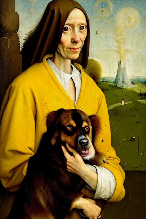 Prompt: hieronymus bosch, greg rutkowski, anna podedworna, painting of a brown haired dog eared girl with yellow blazer over a white dress who works at a bakery, close up portrait