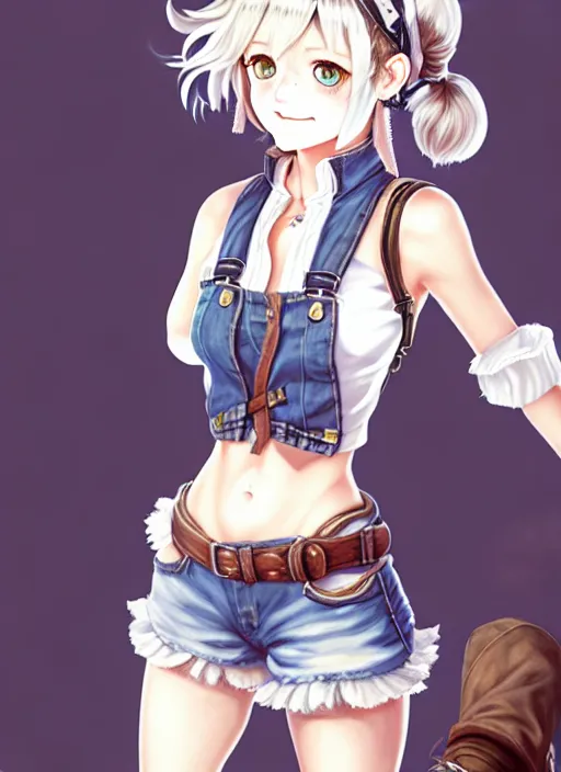 Image similar to a portrait of catgirl wearing white vest, and denim shorts an ultrafine detailed painting, detailed painting, beatyfull eyes, octopath traveler