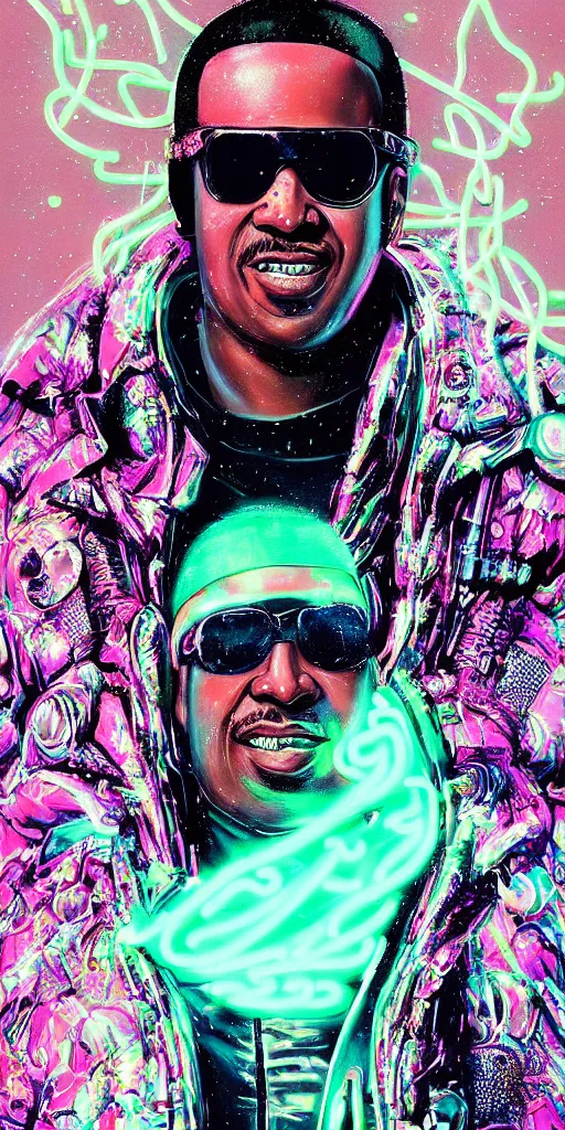 Image similar to detailed Stevie Wonder portrait Neon Operator, cyberpunk futuristic neon, reflective puffy coat, decorated with traditional Japanese ornaments by Ismail inceoglu dragan bibin hans thoma !dream detailed portrait Neon Operator Girl, cyberpunk futuristic neon, reflective puffy coat, decorated with traditional Japanese ornaments by Ismail inceoglu dragan bibin hans thoma greg rutkowski Alexandros Pyromallis Nekro Rene Maritte Illustrated, Perfect face, fine details, realistic shaded, fine-face, pretty face