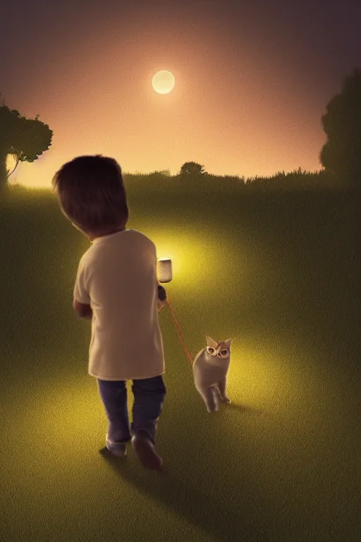 Image similar to a little boy carrying cat at night, lantern light besides, photorealistic face and skin tones, dreamy moonlit nightscape by the garden, lake house, smooth, matte colors, trending on artstation, 4 k, 8 k