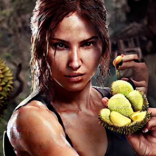 Image similar to Lara croft eating durian, cinematic, ads photo