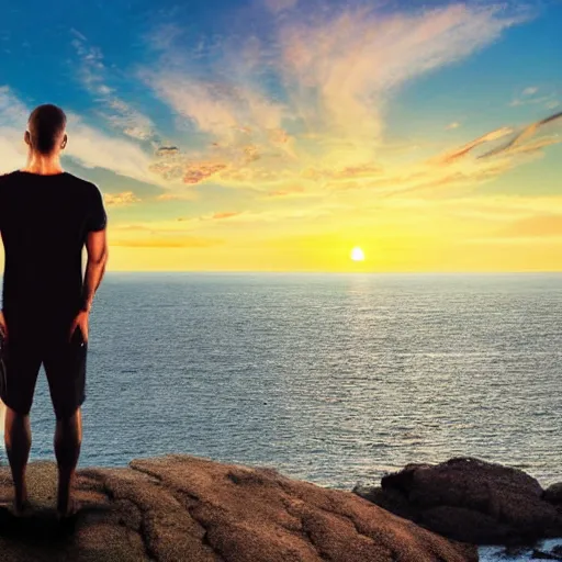 Prompt: max caulfied watching sunset on the sea, standing on a hill, realistic