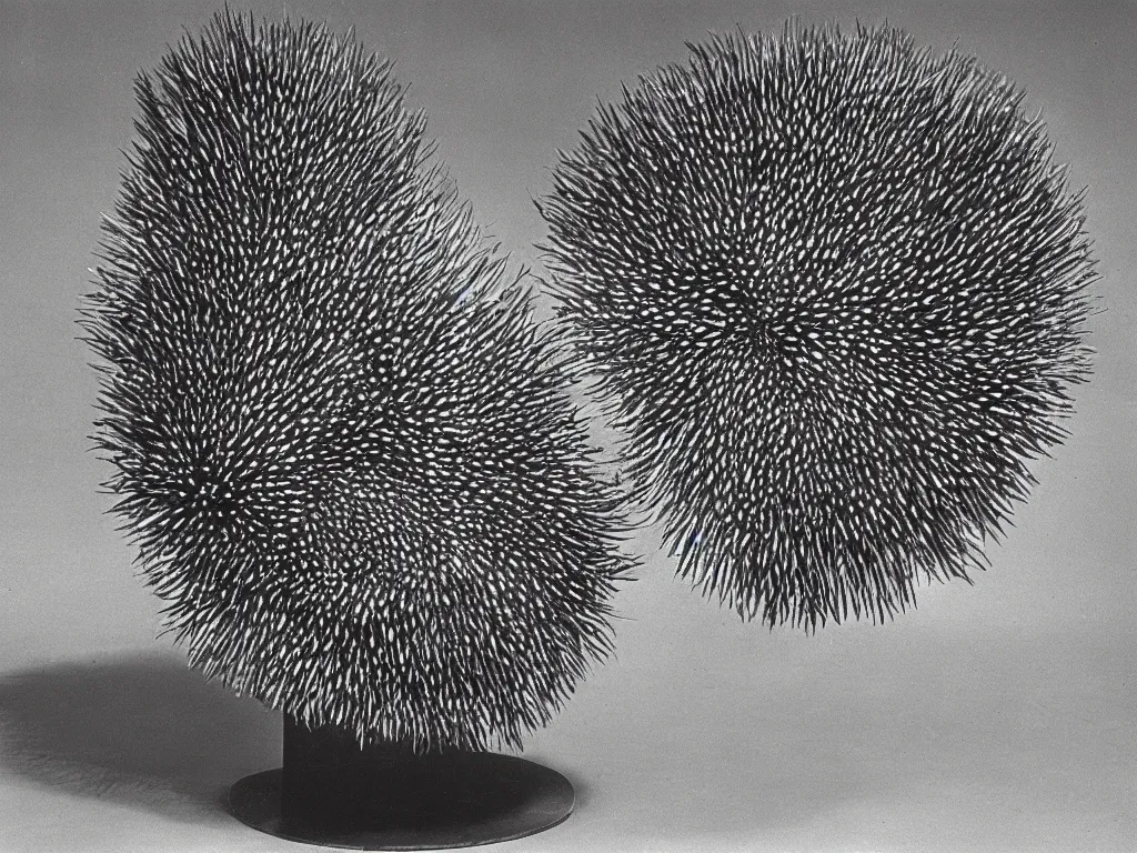 Image similar to round brutalist stone chair in the shape of sea urchin. karl blossfeldt, salvador dali