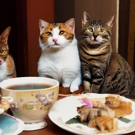 Prompt: 3 cats ( two calico and one tabby ) sitting at a table enjoying fancy english tea, award winning national geographic photo
