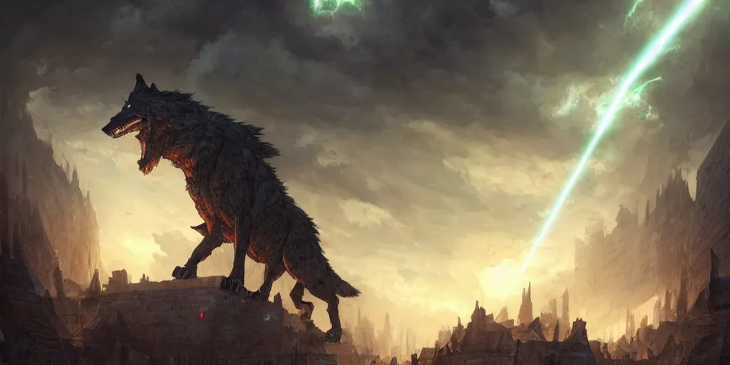 Prompt: An epic battle inside a walled city. Giant wolf is attacked by laser beams, magic barrage, raining, epic, thunderstorm. In style of Greg Rutkowski, Jesper Ejsing, Makoto Shinkai, trending on ArtStation, fantasy, great composition, concept art, highly detailed, scenery, 8K, Behance.