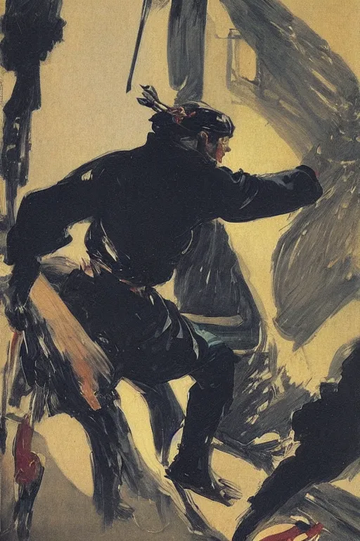 Image similar to portrit of a ninja on a rainy night by joaquin sorolla, syd mead, hokusai