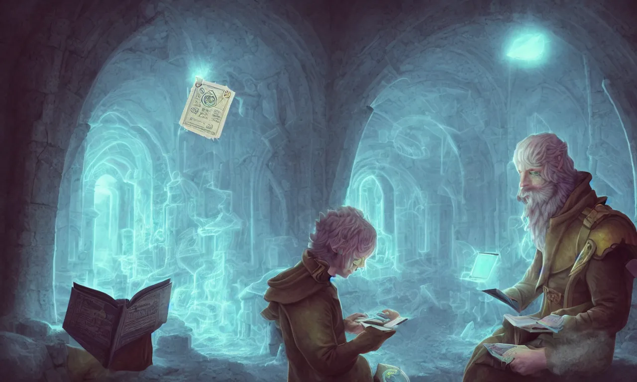 Image similar to kerberos realm, faked ticket close up, wizard reading a directory, nordic pastel colors, abandoned ruins, 3 d art, digital illustration, perfect lighting