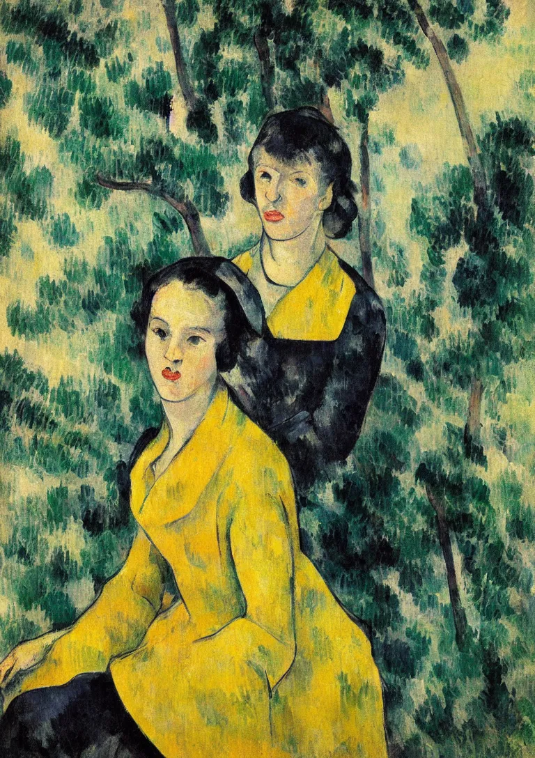 Image similar to a portrait of a young woman from the fifties, seated in front of a landscape background, her black hair is a long curly, she wears a dark green dress pleated in the front with yellow sleeves, puts her right hand on her left hand, post - impressionism, cezanne, gaugin, van gogh, seurat