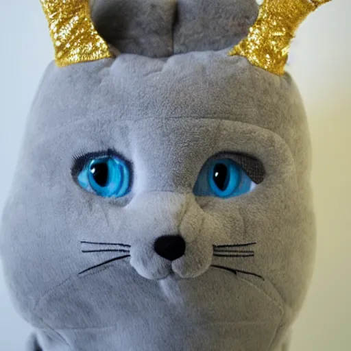 Image similar to gray anthropomorphic, cat female with a whit and chest, wearing a golden crown, big blue eyes, plushy