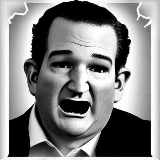 Prompt: Ted Cruz jumpscare, black and white, creepy lighting, scary, horror, ornate, eerie, fear, videogame screenshot