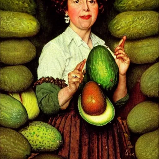 Prompt: Frontal portrait of the queen of avocados. A painting by Norman Rockwell.