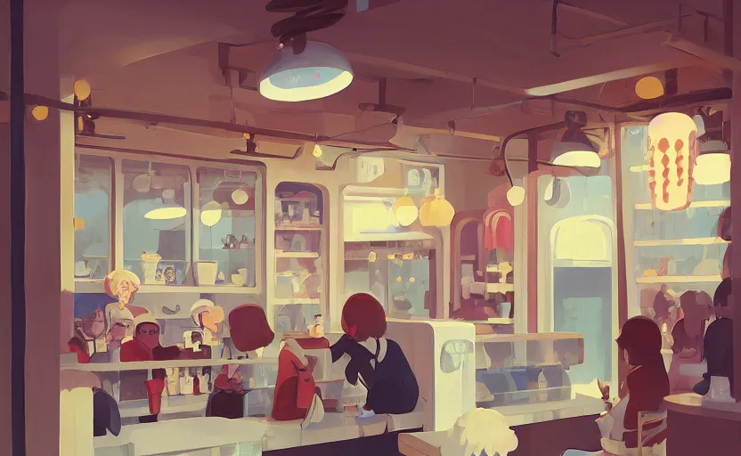 Image similar to a cute cozy ice cream shop by Atey Ghailan