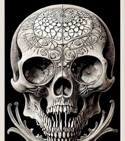 Image similar to memento mori by arthur rackham, art forms of nature by ernst haeckel, exquisitely detailed, art nouveau, gothic, ornately carved beautiful skull dominant, intricately carved antique bone, art nouveau botanicals, ornamental bone carvings, art forms of nature by ernst haeckel, horizontal symmetry, arthur rackham, ernst haeckel, symbolist, visionary