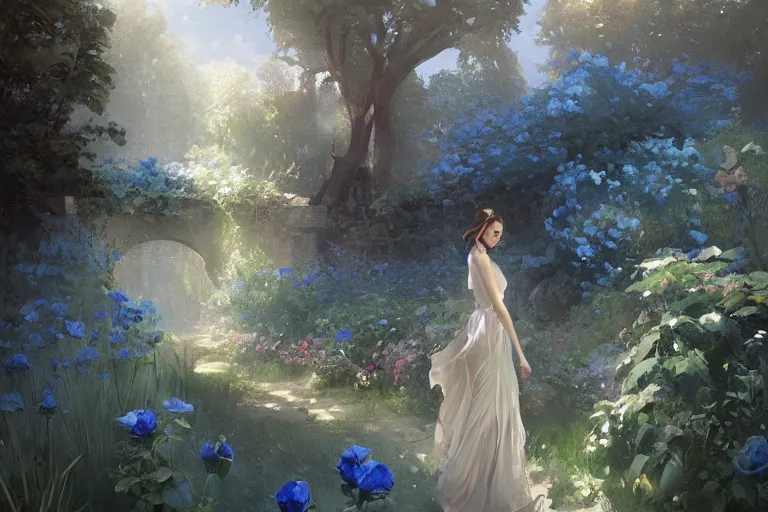 Image similar to a beautiful painting of blue roses garden, girl, by greg rutkowski, trending on artstation