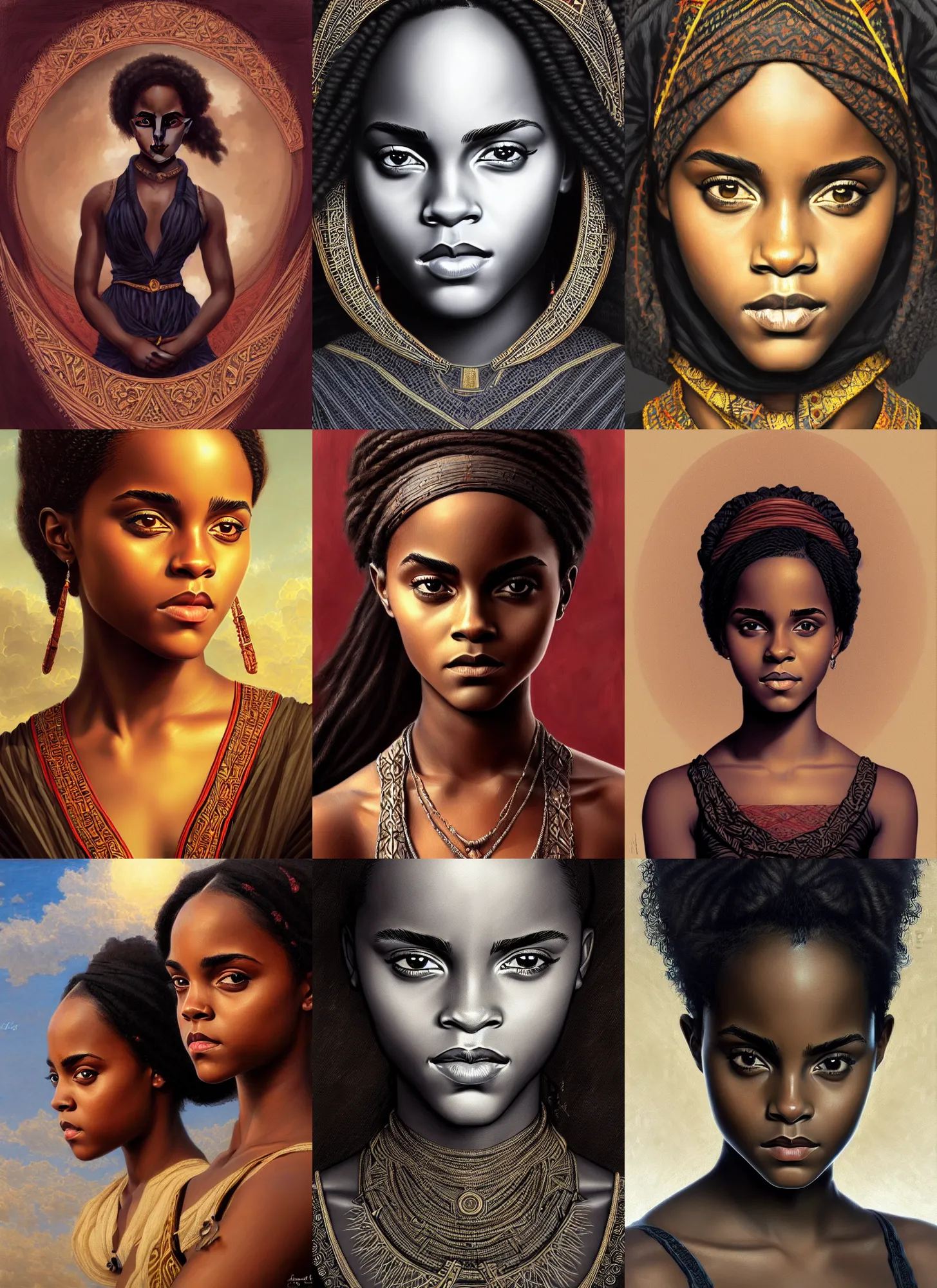 Prompt: black african emma watson and annasophia robb, symmetrical portrait, intricate, highly detailed, sharp focus, artstation, digital painting, illustration, orientalism, jurgens, rutkowski, bouguereau