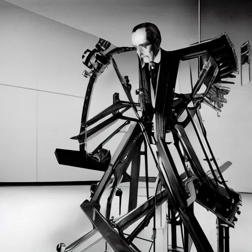 Image similar to filmstill of Marcel Duchamp working on a futuristic machine, long exposure, minimal packshot, archival pigment print