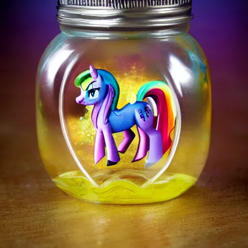 Image similar to a my little pony figure in a jar covered in a mysterious sticky yellowish fluid