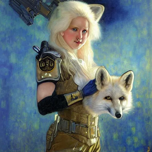 Image similar to portrait of a female white fox in a police uniform. shadowrun furaffiniy cyberpunk fantasy highly detailed painting by gaston bussiere craig mullins jc leyendecker gustav klimt artgerm greg rutkowski john berkey, bergey, craig mullins, ruan jia, raymond swanland, jeremy mann, tom lovell, alex malveda