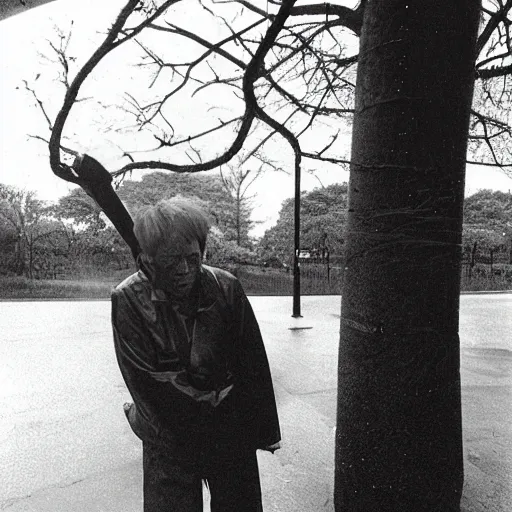 Prompt: bright yellow aesthetic, imposing by suehiro maruo, by eero saarinen. a photograph of a man caught in a storm, buffeted by wind & rain. he clings to a tree for support, but the tree is bent by the force of the storm. he is soaking wet. his face is contorted with fear & effort.
