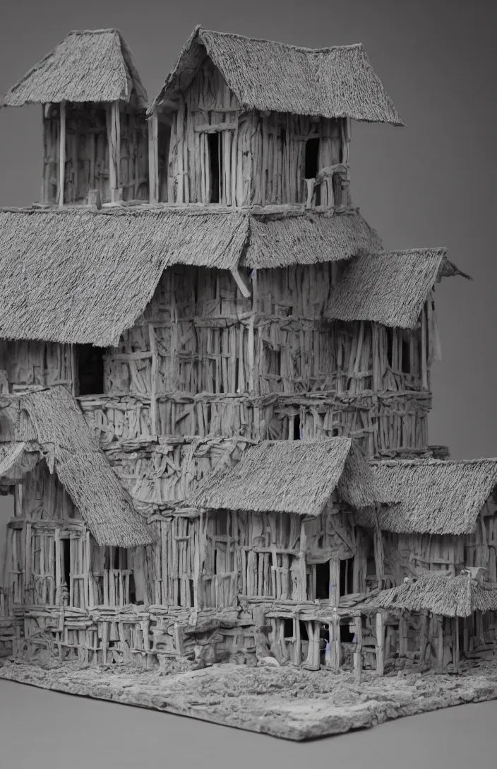 Image similar to architectural model, studio lighting, low contrast, single building, rumah tradisional toraja, tongkonan