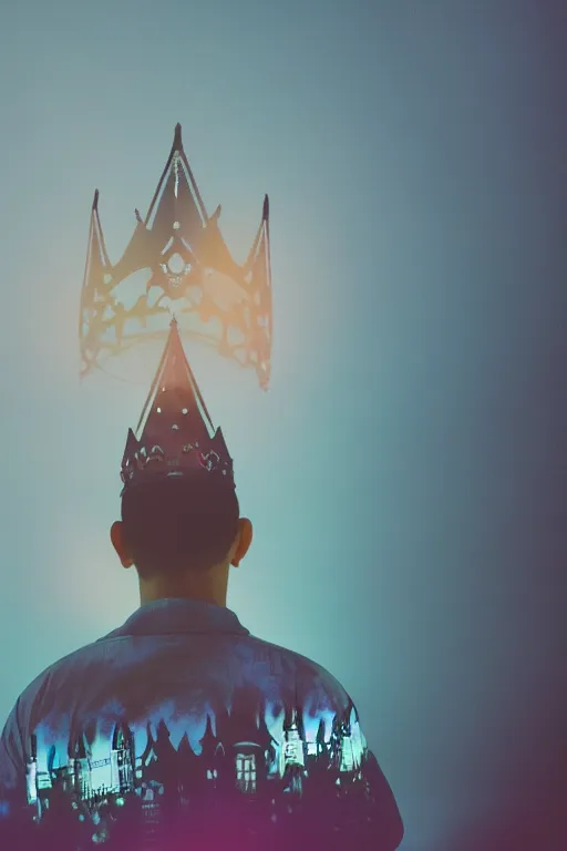 Image similar to agfa vista 4 0 0 photograph of a guy wearing an elaborate tall gothic crown, back view, synth vibe, vaporwave colors, lens flare, moody lighting, moody vibe, telephoto, 9 0 s vibe, blurry background, grain, tranquil, calm, faded!,