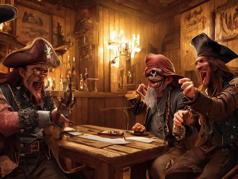 Prompt: A pirate and a goblin negotiate a contract with a vampire in a western saloon, 8k ultra realistic, detailed, intricate, full of colour, cinematic lighting, trending on artstation, 4k, hyperrealistic, focused, extreme details, unreal engine 5, cinematic, masterpiece