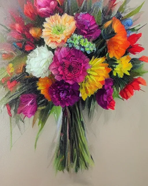 Image similar to oil on canvas illustration of the most beautiful bouquet of flowers, colorful, artstation, deviantart, pinterest, 5 0 0 pc