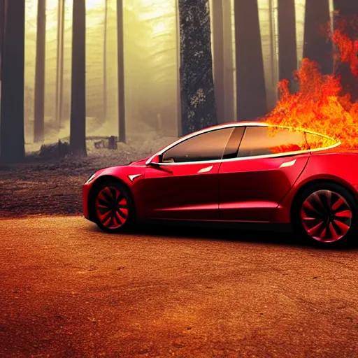 Prompt: tesla in a burning forest, photorealistic