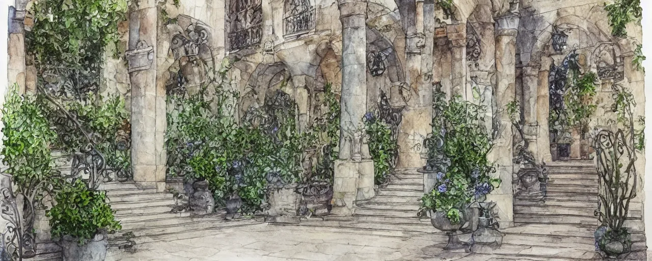 Image similar to courtyard walkway, fountain, castle, stairway, chairs, wrought iron, gate, botanic garden, botanical herbarium paper, watercolor colored painting, iridescent colors, realistic shaded, fine, artstation, italian style, colonnade ornate headdress, craving, carved, insanely detailed