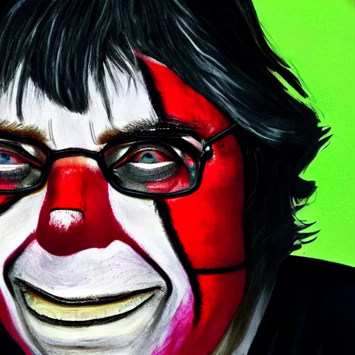 Image similar to a portrait of stephen king with clown makeup on