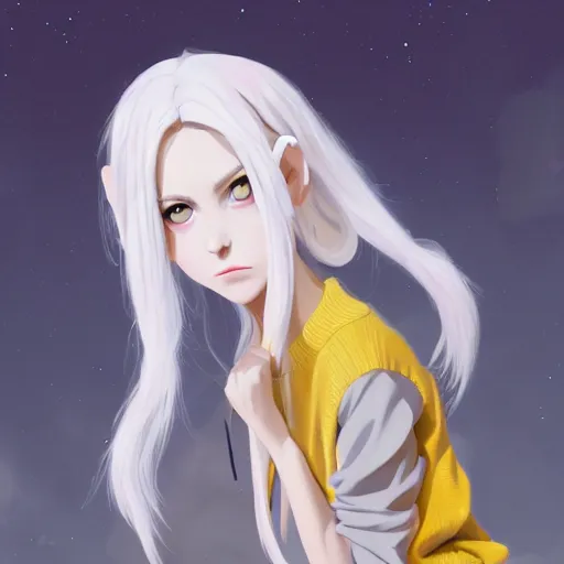 Image similar to a pale demoness with white hair, yellow eyes and horns wearing sweater and overalls on top. highly detailed, digital painting, artstation, matte, by makoto shinkai, animation style