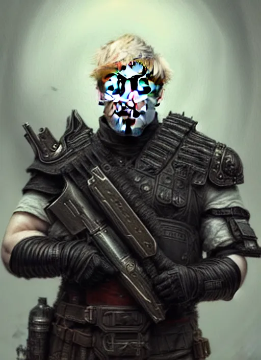 Prompt: Boris Johnson as Punisher, portrait, elegant, intimidating pose, very detailed face, studio lighting, photorealism, wearing armor plate with a skull,Livia Prima,Mucha,fantasy art,beautiful,artstation,trending on artstation,intricate details,alluring,masterpiece