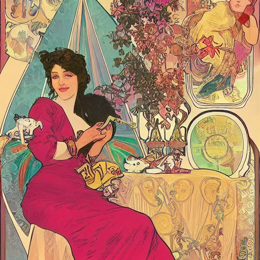 Image similar to a vintage poster with border of a Caucasian fortune teller lady with curly hair, a spread of tarot cards on a table, cats on her side, in a colorful tent, Alphonse Mucha poster ,