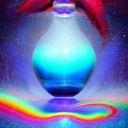 Image similar to blue perfume bottle surrounded by turquoise water droplet and galactic waves, lonely world still shining through faintly rainbow led lights, beautiful surreal scenery artwork pixiv. soul dust. unthinkable dream sublime god lighting, sun rays, cold colors. insanely detailed, artstation!! pixiv!! infinitely detailed created by god