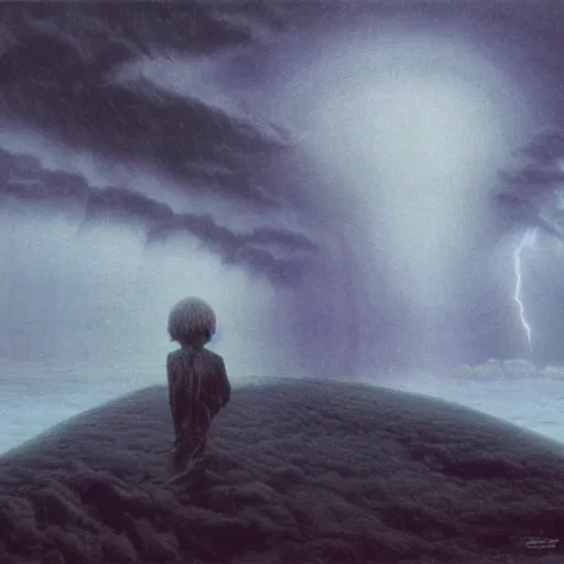 Image similar to killua zoldyck made by zdzisław beksinski, thunderstorm, 8 k, detailed, cinematic, rain, crying, black