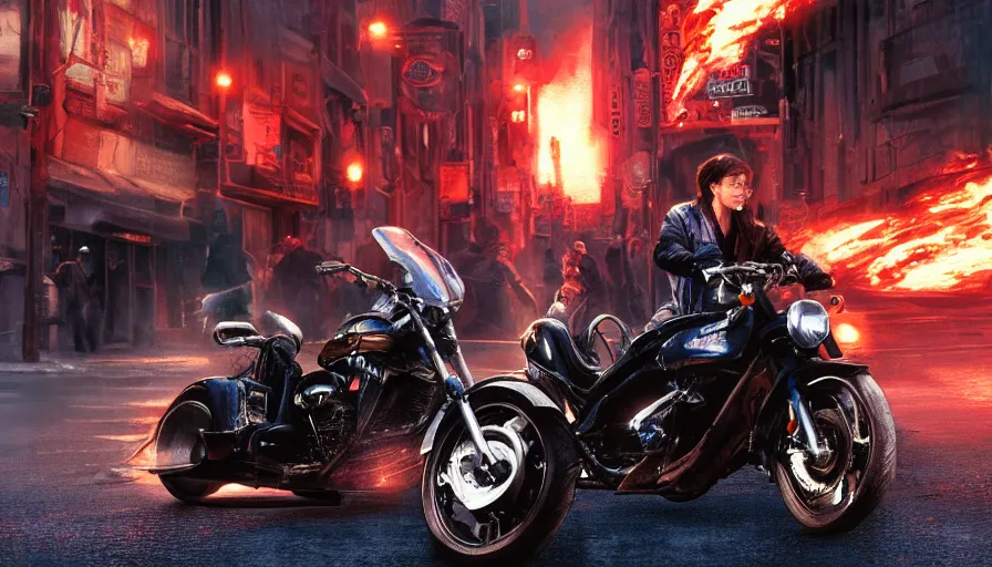 Image similar to single wheel motorcycle concept design and Japanese engineering in the streets of fire movie 8k, a highly detailed epic cinematic digital painting artwork