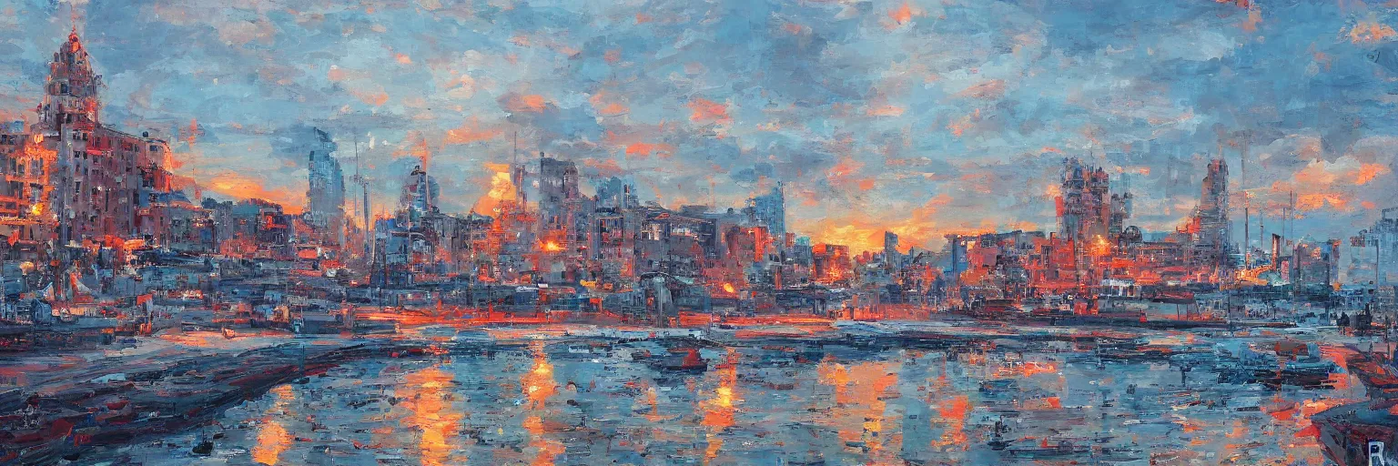 Prompt: seaside cityscape by Aleksander Rostov, intricate, cold color palette, detailed