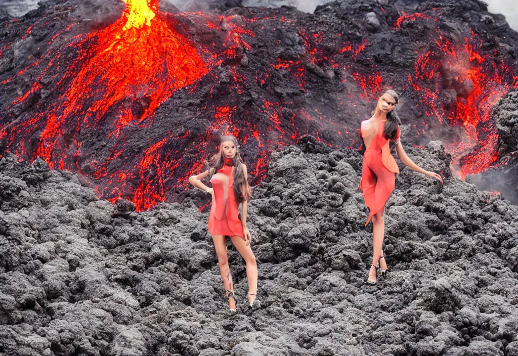 Image similar to fashion editorial in volcano eruption lava. wide angle shot. highly detailed.