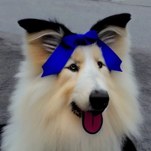 Image similar to photo of a blue Rough Collie with a large red bow knot on the head realistic