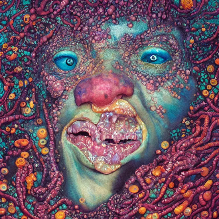 Image similar to Hyperrealistic intensely colored close up studio Photograph portrait of a deep sea bioluminescent Zendaya covered in chromatophores, symmetrical face realistic proportions eye contact golden eyes, laughing and laying on a coral reef underwater, award-winning portrait oil painting by Norman Rockwell and Zdzisław Beksiński vivid colors high contrast hyperrealism 8k