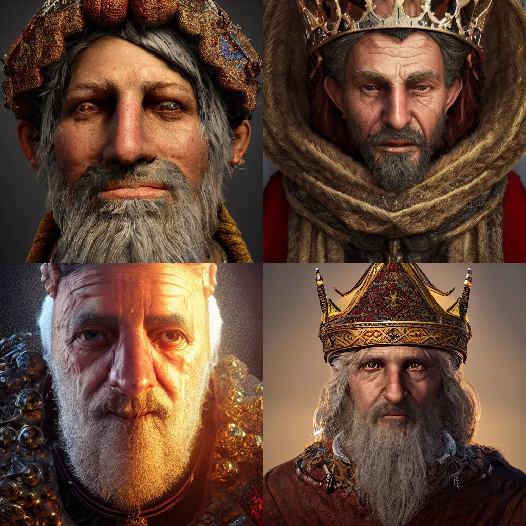 Prompt: medieval old king, rug portrait, bethesda adam adamowicz illustration character design concept, unreal 5, daz, hyperrealistic, octane render, cosplay, dynamic lighting, intricate detail, harvest fall vibrancy, cinematic volume glowing aura global illumination ray tracing hdr