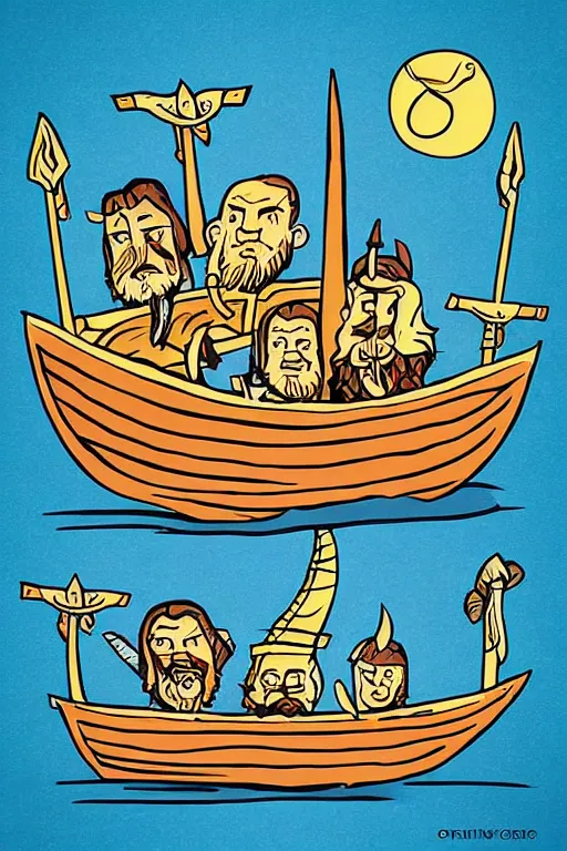 Image similar to “Poster of Vikings in a viking boat. Retro cartoon caricature.”