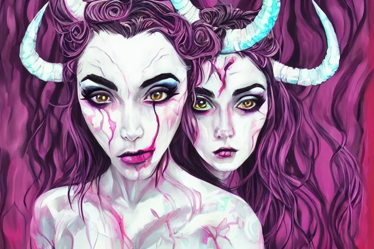 Prompt: a painting of a woman with horns on her head, digital art by harumi hironaka, cgsociety, fantasy art, art on instagram, digital illustration, anime aesthetic