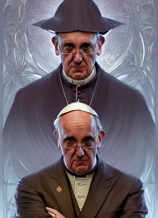 Prompt: pope francis, wearing a suit, tarot card art, deep focus, d & d, fantasy, intricate, elegant, highly detailed, digital painting, artstation, concept art, matte, sharp focus, illustration, hearthstone, art by artgerm and greg rutkowski and alphonse mucha