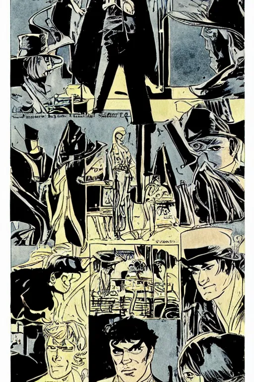 Image similar to sandman vs corto maltese, comic book page, art by hugo pratt